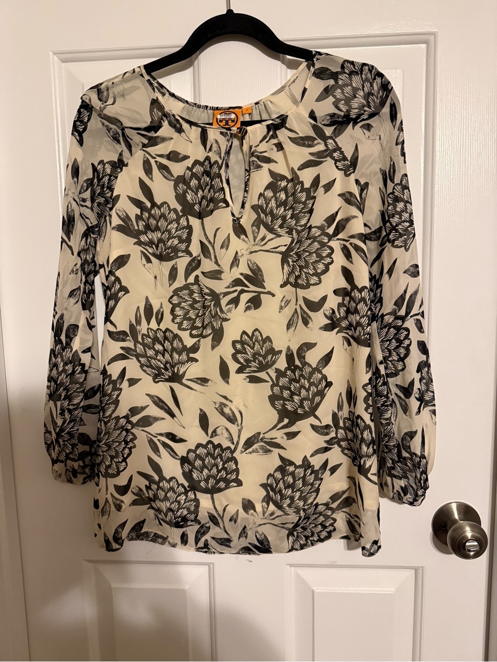 Tory Burch 100% Silk Floral Keyhole Long Sleeve Blouse Black Ivory Size 2